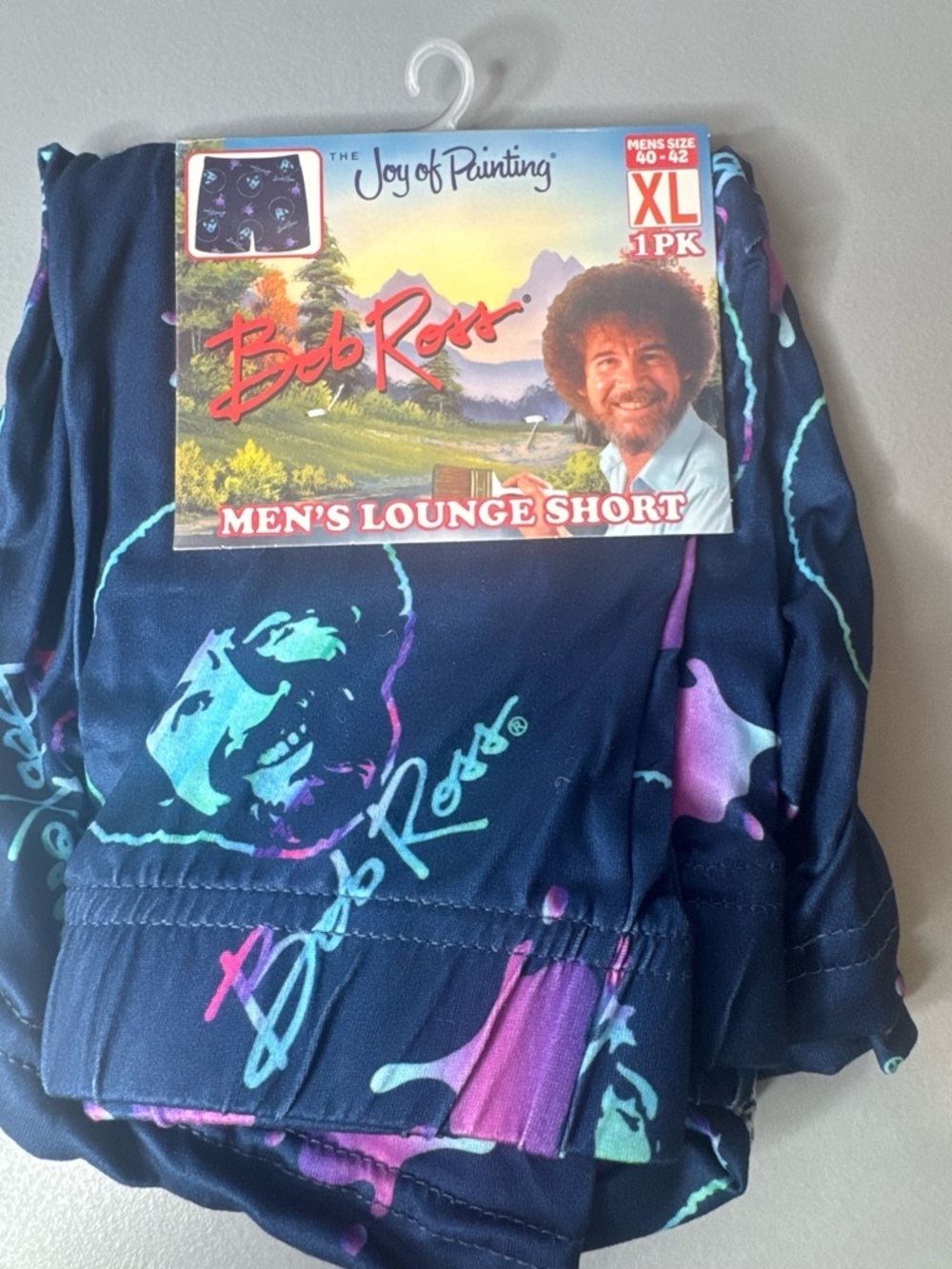Bob Ross face & name Lounge Shorts Navy with Teal & Purple Print nostalgic art